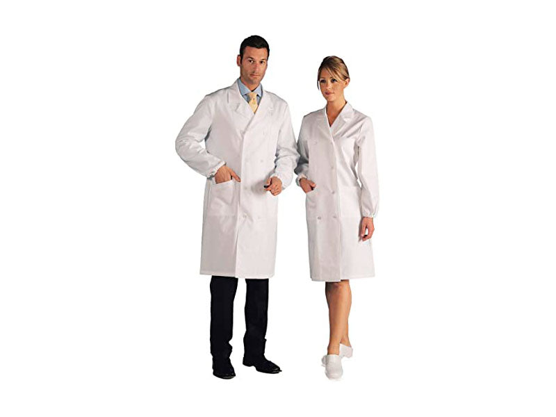Camice da medico Doppiopetto Donna bianco da laboratorio - Amelia Camice Bianco Unisex da Laboratorio - Norma CE - Polso con Elastico.